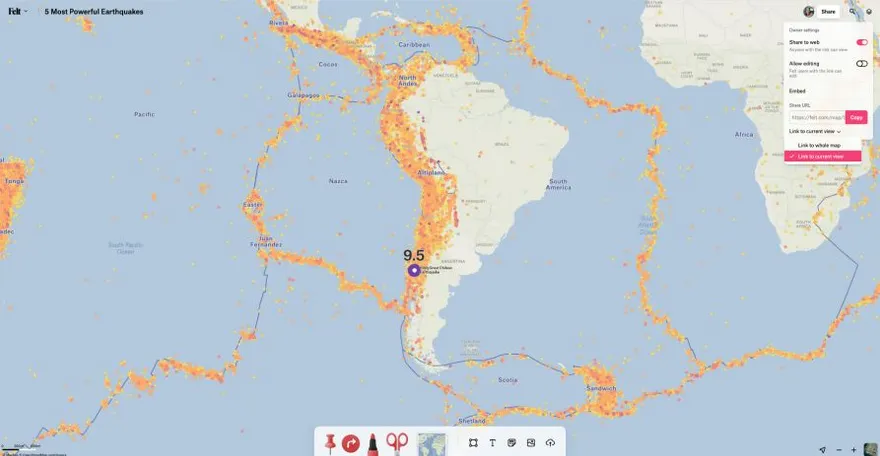 A screenshot of the Felt Share menu with Link to current view selected on an earthquake map of South America