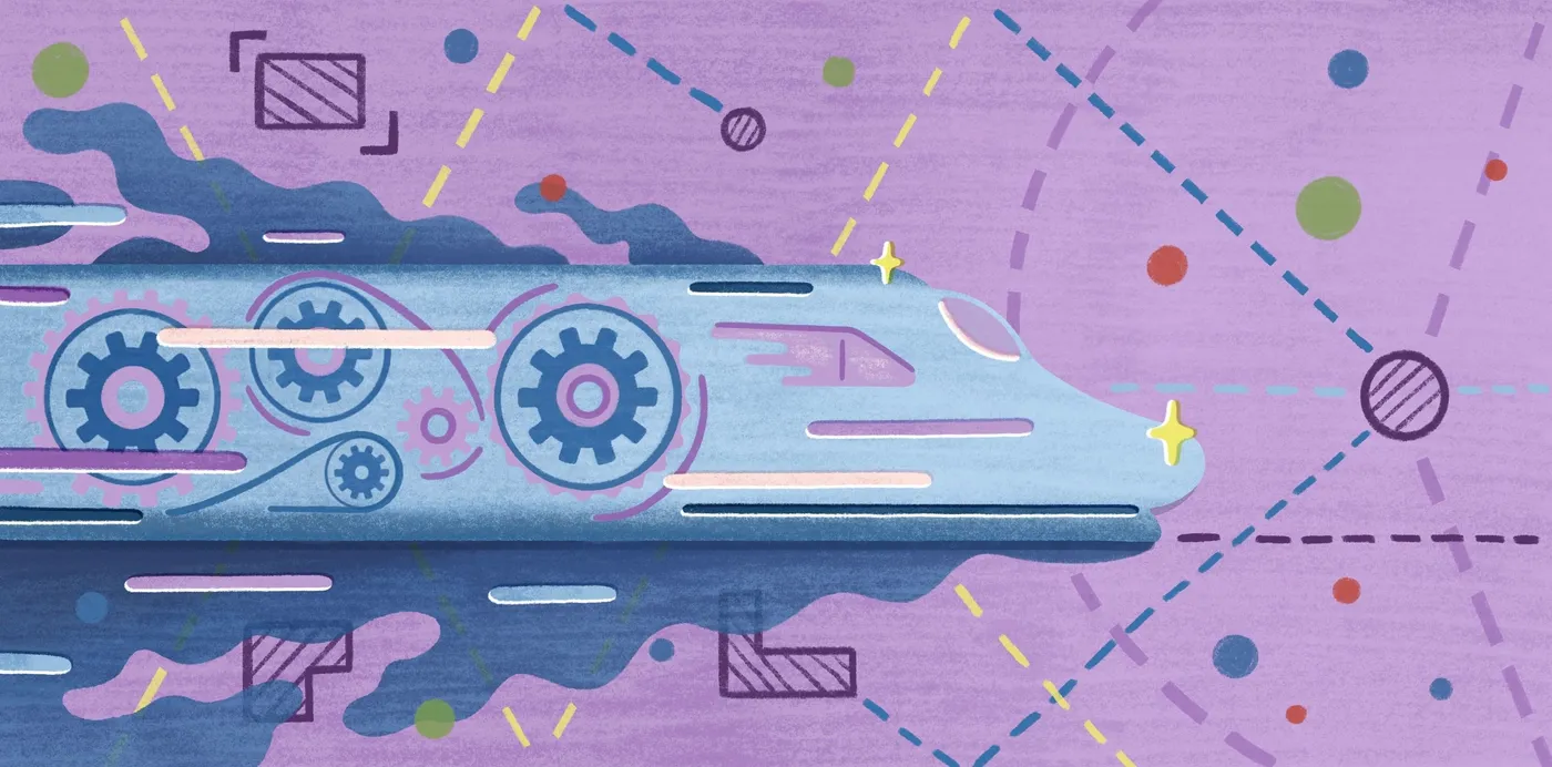 An illustration of a high-speed train with gears inside racing across a purple background of dashed routes and map shapes