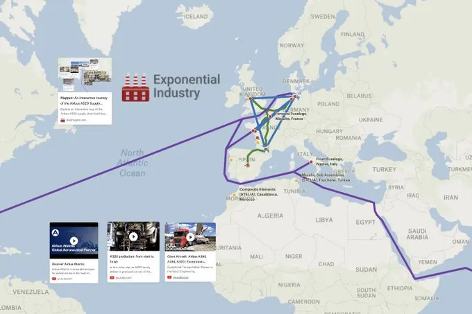 A Felt map of the Airbus A320 supply chain linking sites across Europe and North Africa, with video cards