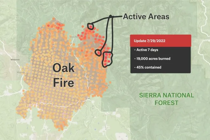 A Felt map of the Oak Fire perimeter in dots, with active areas circled and a 7/29/2022 update noting 19,000 acres burned