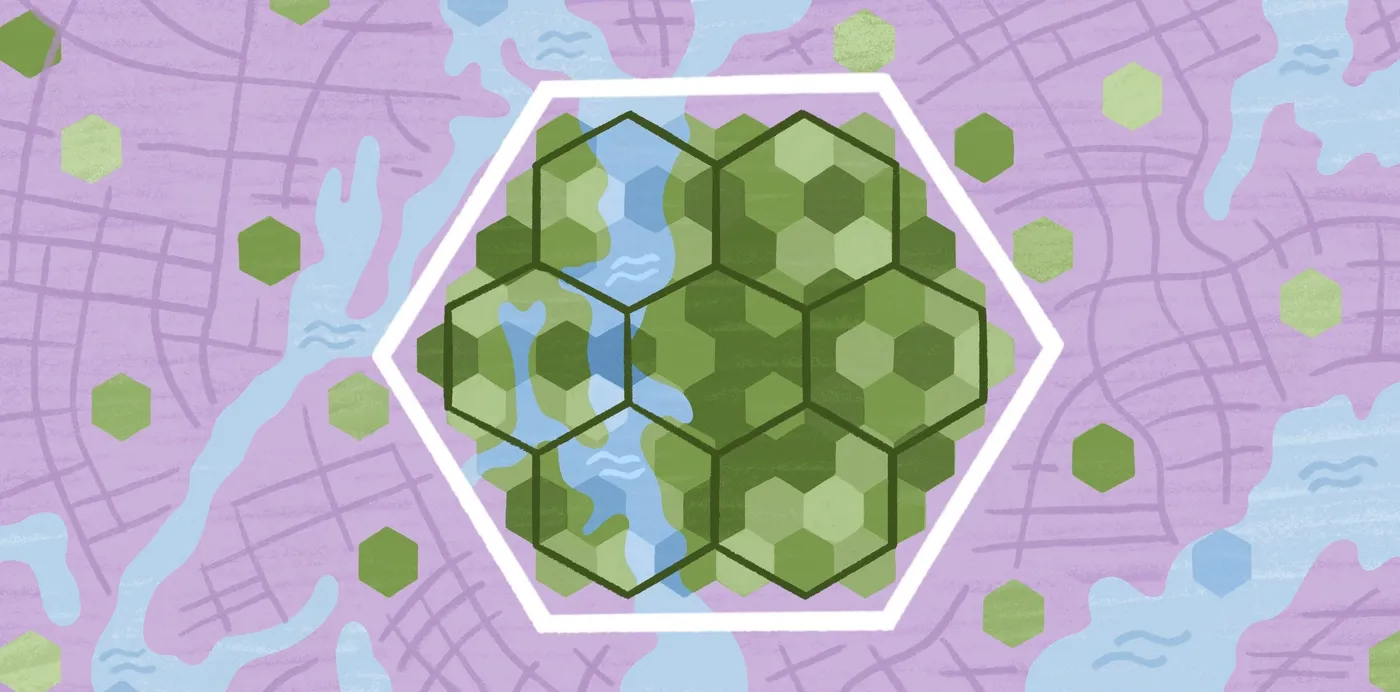 An illustration of nested green hexagon cells over a hand-drawn city street map with a river