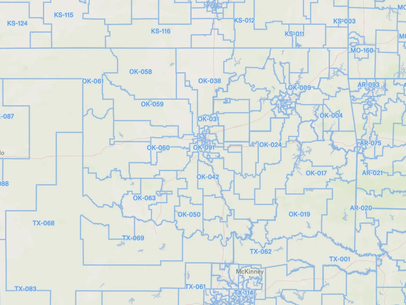 A Felt map of Oklahoma's state house districts outlined in blue and labeled by number