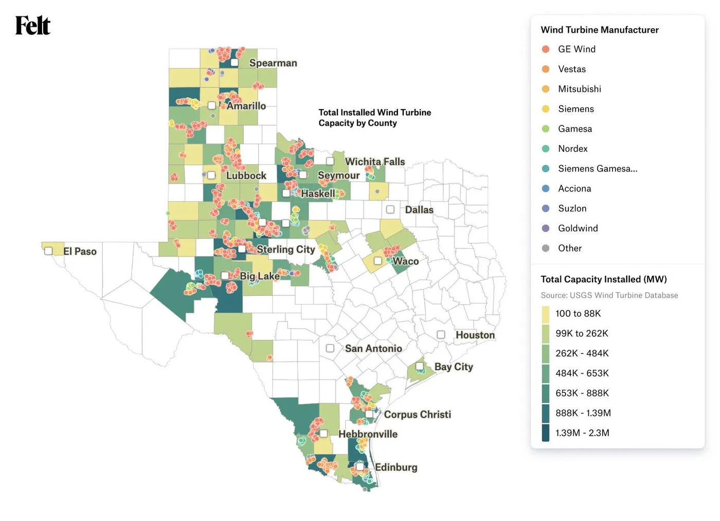 A Felt map of Texas wind turbines colored by manufacturer over counties shaded by installed capacity