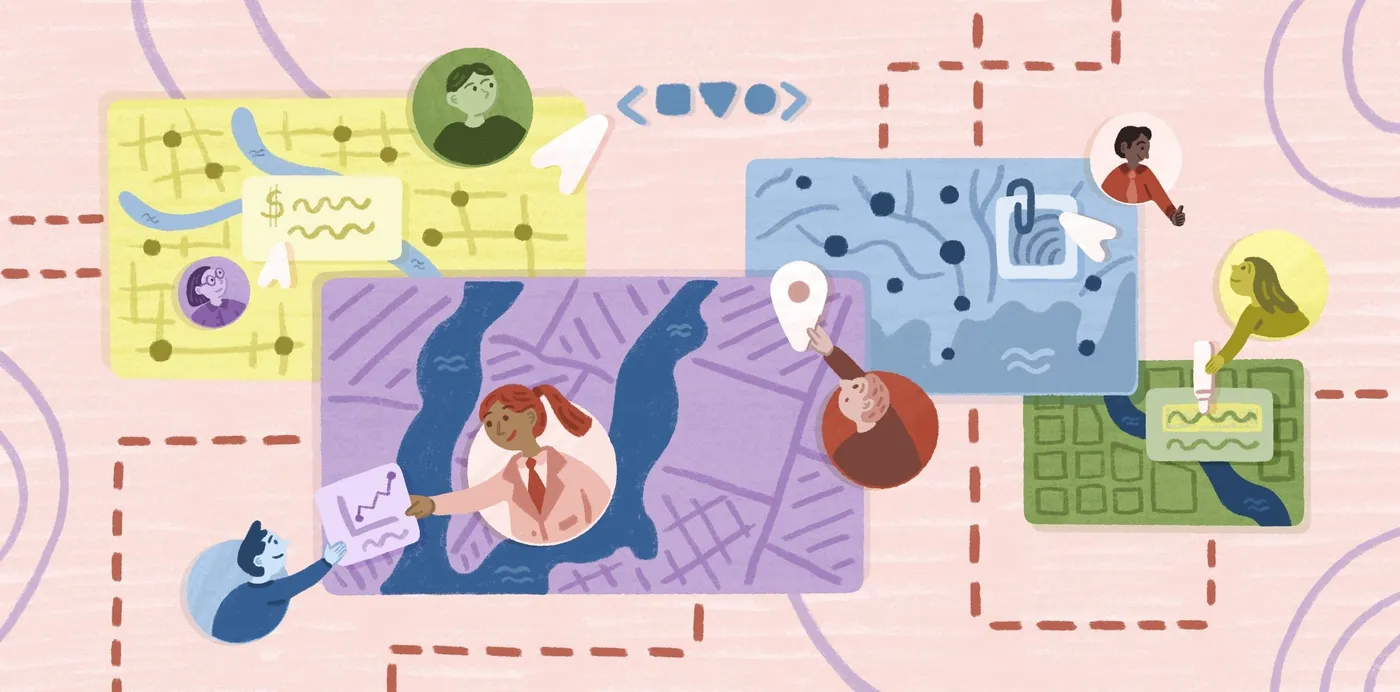 An illustration of people collaborating across several colorful maps, adding pins, notes and charts