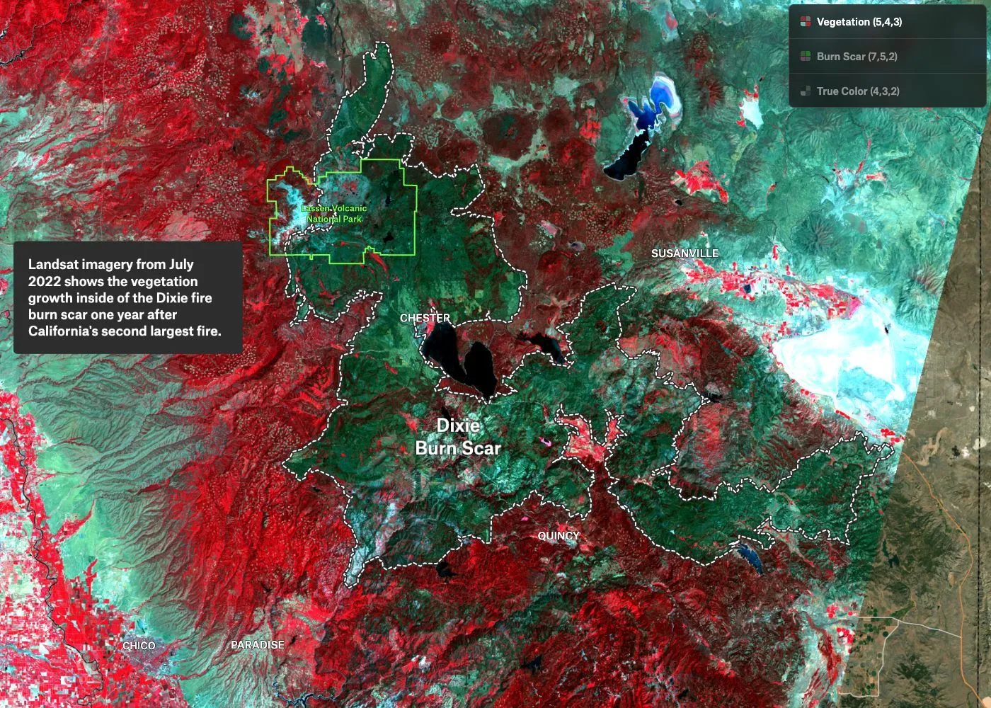 A Felt map of false-color Landsat imagery showing vegetation regrowth inside the outlined Dixie fire burn scar in California