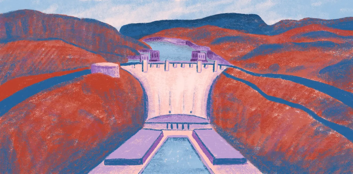 An illustration of a concrete dam holding back a reservoir between red canyon walls