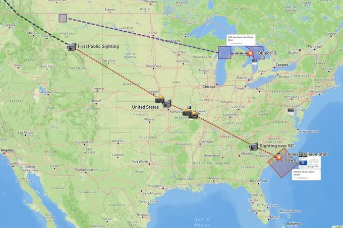 A Felt map of the US tracing the 2023 balloon flight path from first sighting to its shootdown off South Carolina