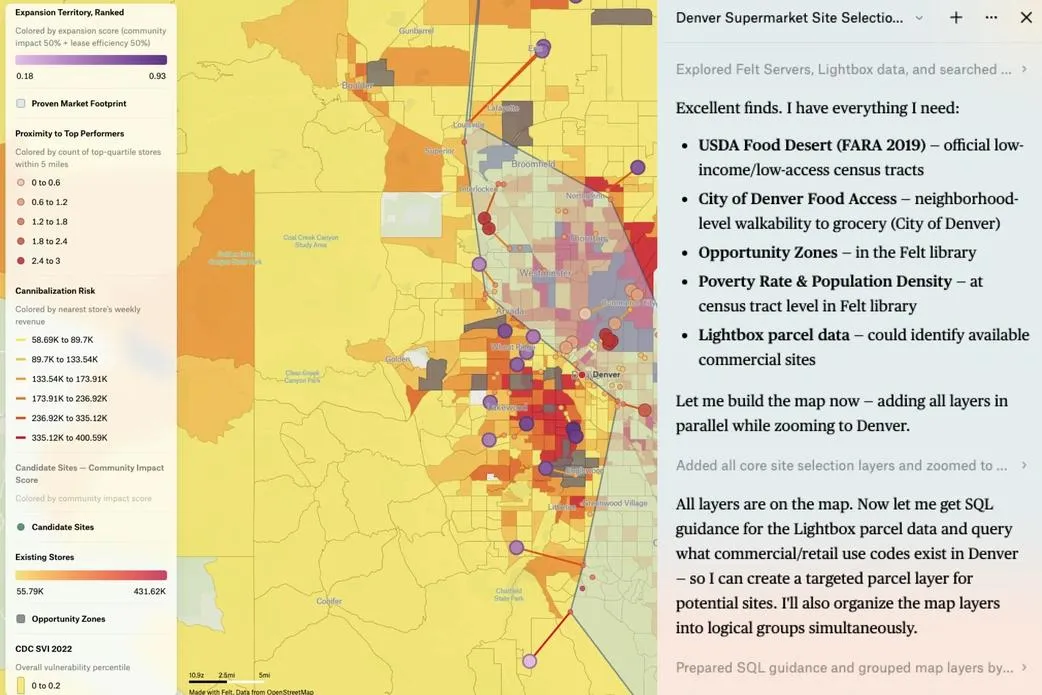 Felt AI building a Denver supermarket site selection map, with candidate sites, existing stores, and census tract layers, and the agent's plan beside it