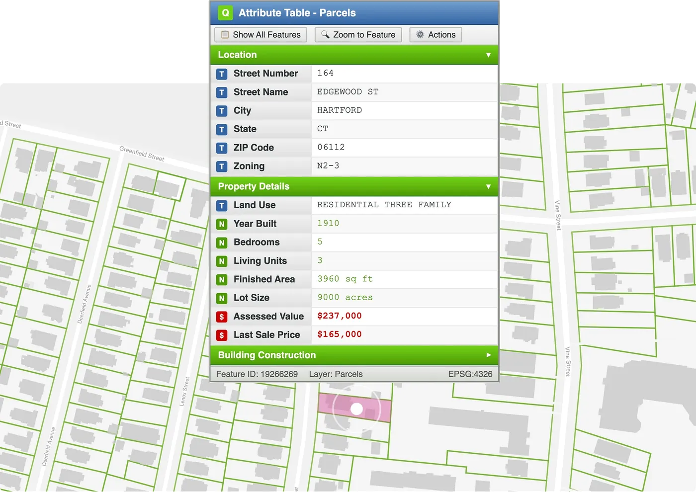A Hartford parcel map with a popup styled like a QGIS attribute table, listing the parcel's address, zoning, and property details