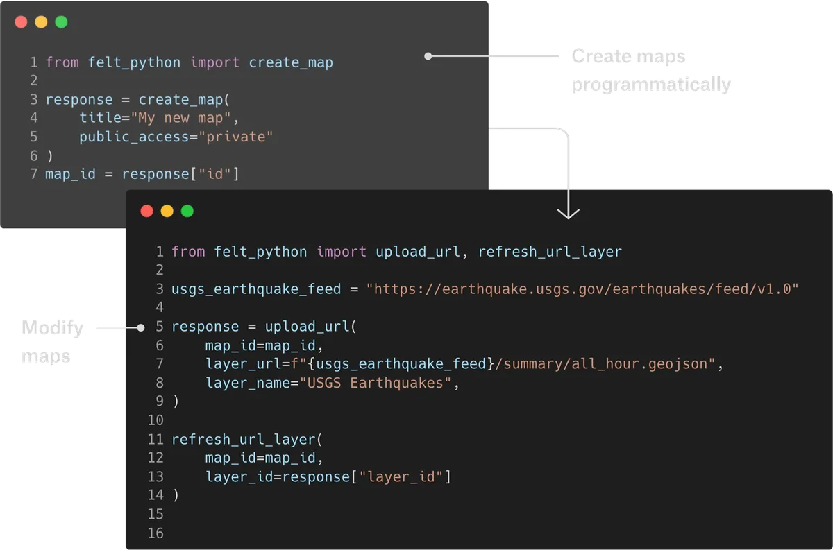 Python scripts using felt-python to create a map, add a USGS earthquake feed to it, and refresh that layer