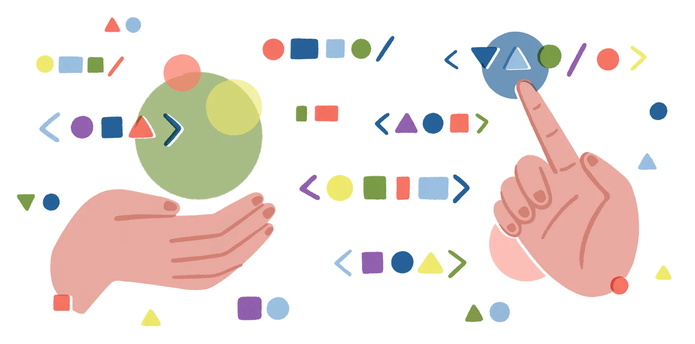 Two hands amid a scatter of map symbols — points, polygons, arrows and colour swatches.