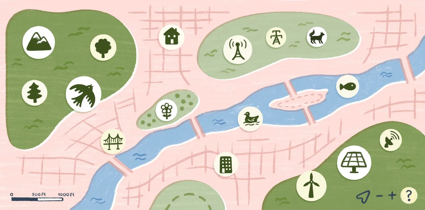 An illustration of a city map with a river and parks dotted with round icons for trees, wildlife, towers, buildings and energy