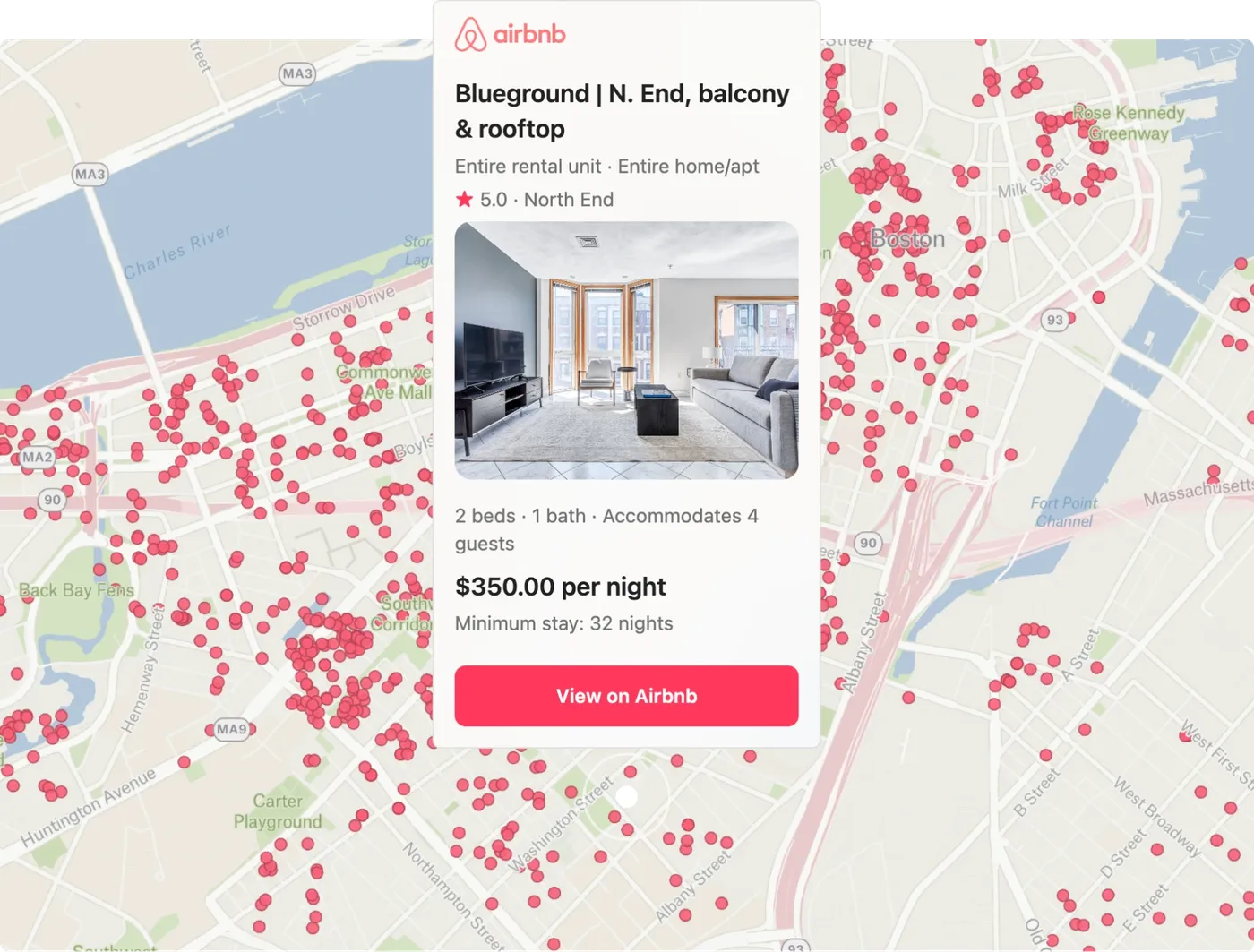 A map of Boston Airbnb listings with a branded popup showing a listing's photo, price per night, and a View on Airbnb button