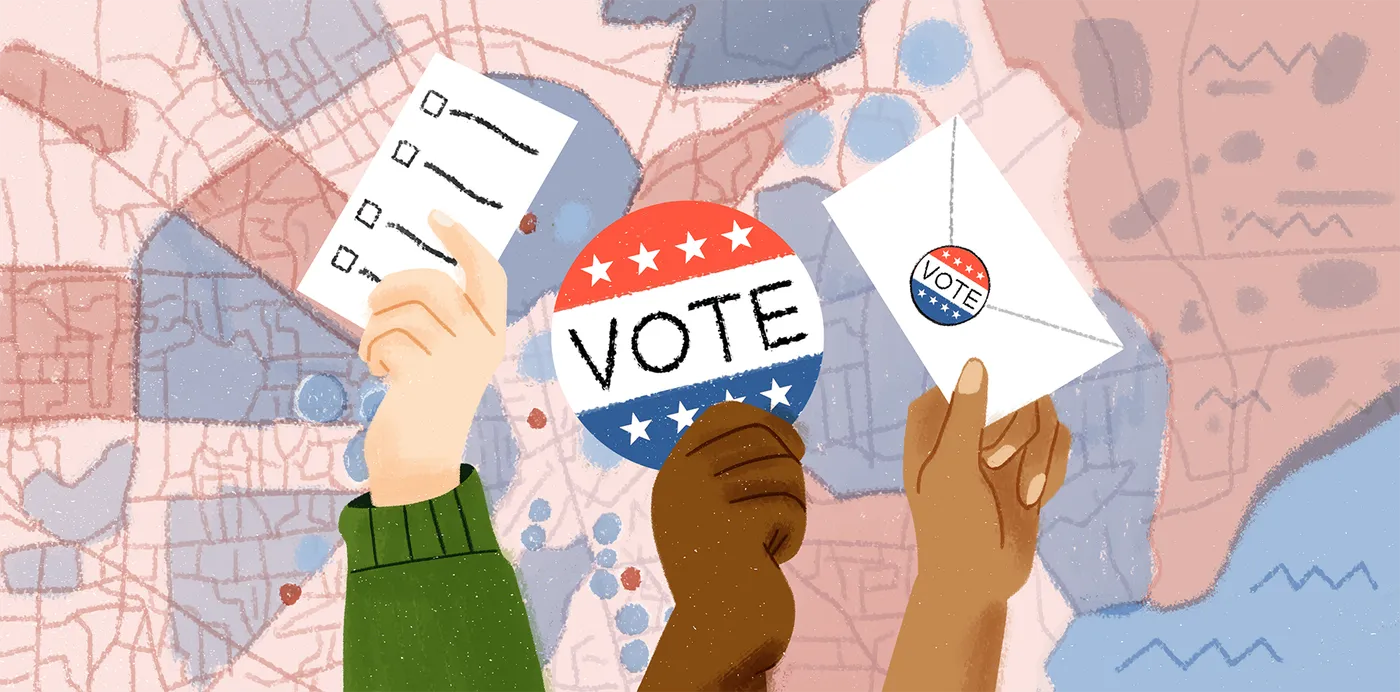 An illustration of hands holding up a ballot, a vote button and a mail-in envelope over a district map