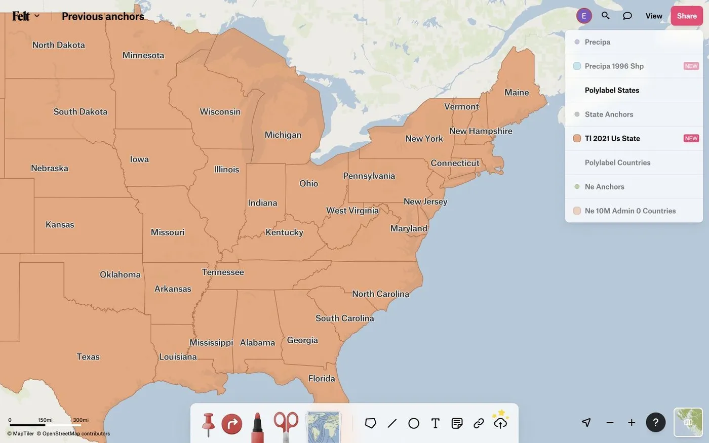 A Felt map of eastern and central US states labeled at points chosen by Polylabel