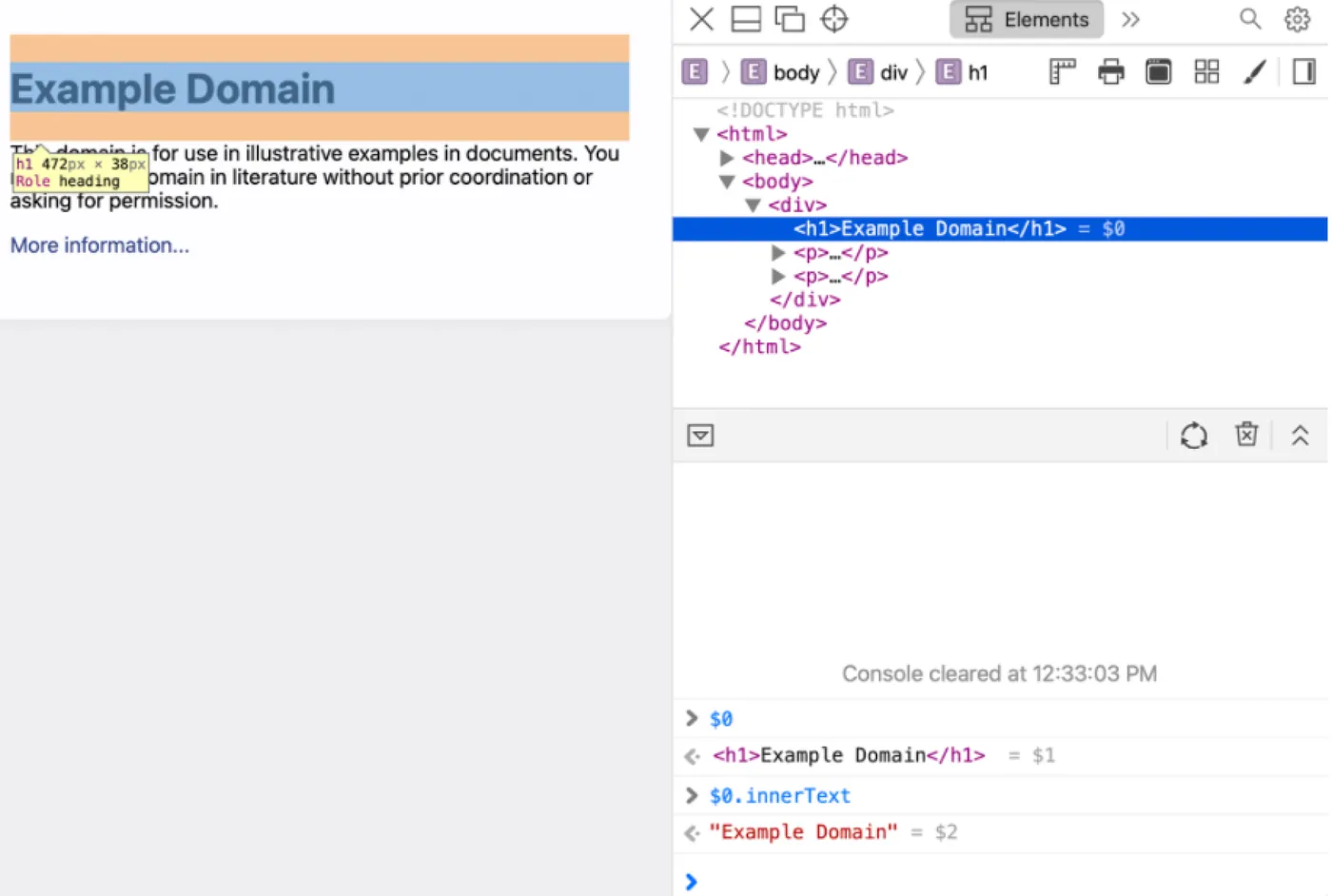 A screenshot of the browser web inspector with an h1 selected and $0 used in the console to read its text