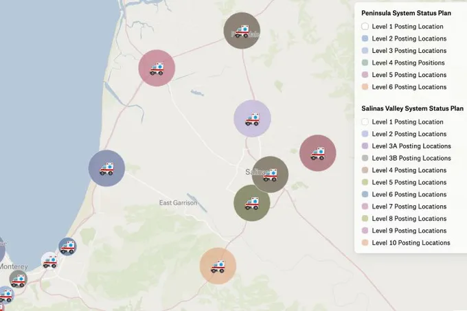 A Felt map around Monterey and Salinas with colored ambulance posting locations for each coverage level