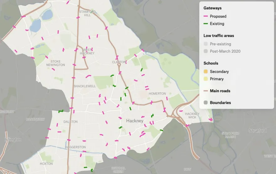A Felt map of Hackney showing proposed and existing low traffic area gateways, schools and main roads