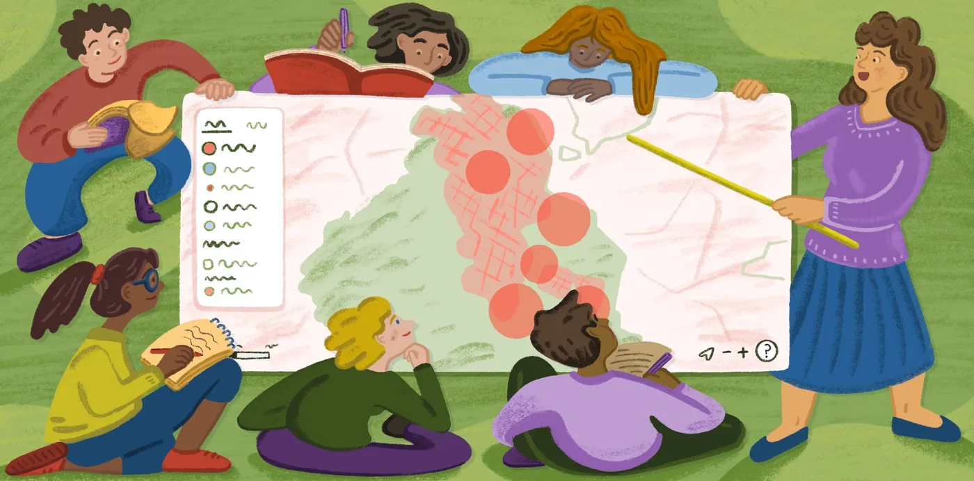 An illustration of a teacher pointing at a large map with circle markers as students gather around it