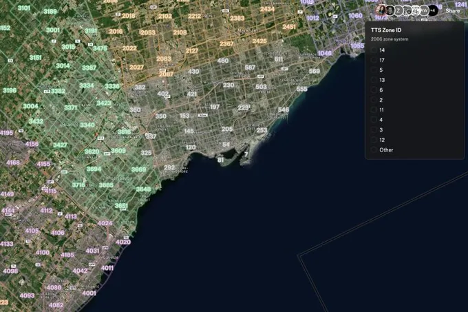 A Felt map of Toronto over satellite imagery with numbered zones from a regional travel survey