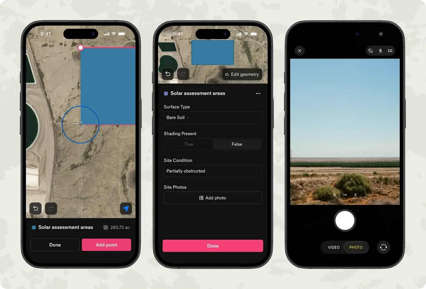 Three phone screens from Felt Field App showing a polygon drawn on imagery, a site assessment form and the camera