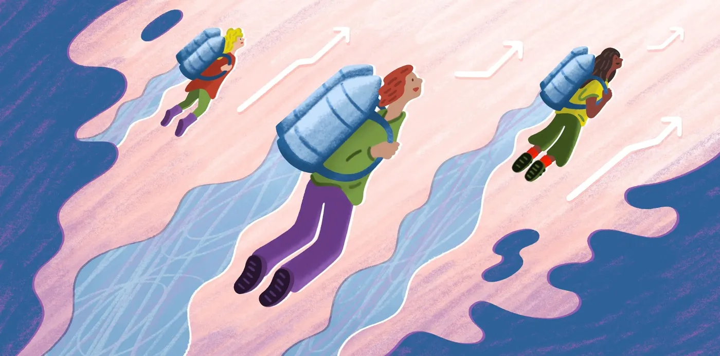An illustration of three people flying upward on jetpacks across a pink and blue landscape, with arrows pointing ahead