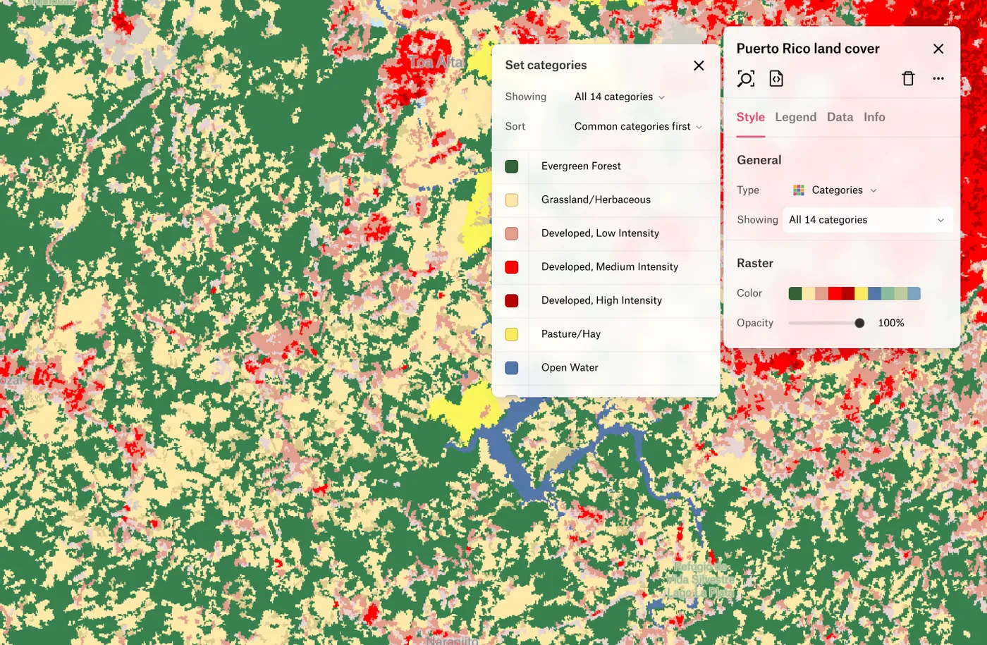 A Felt map of Puerto Rico land cover in 14 categories, with the category styling panel open