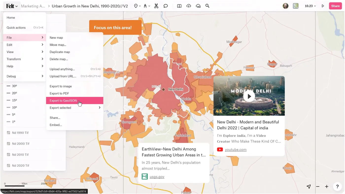 Screenshot from Felt’s Youtube video, “Getting Started with Felt 2/6 - Draw Data and Annotate the Map,” showing the Export feature for GeoJSON.