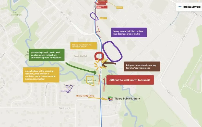 A close-up Felt map near Tigard Public Library with colored notes about traffic, crossings and parking along Hall Boulevard