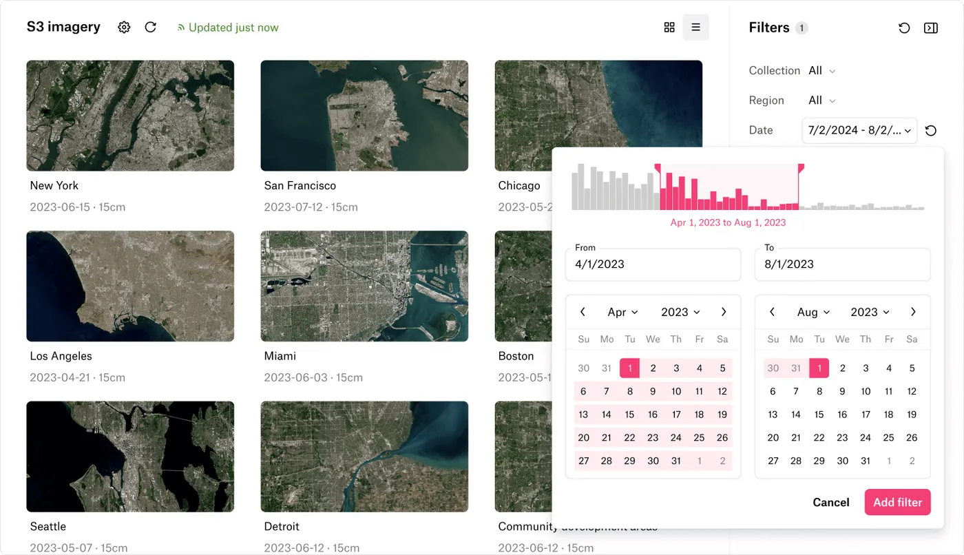 Whether your raster data is in a cloud bucket or in STAC format, Felt will automatically index your raster data for an optimized browsing experience.