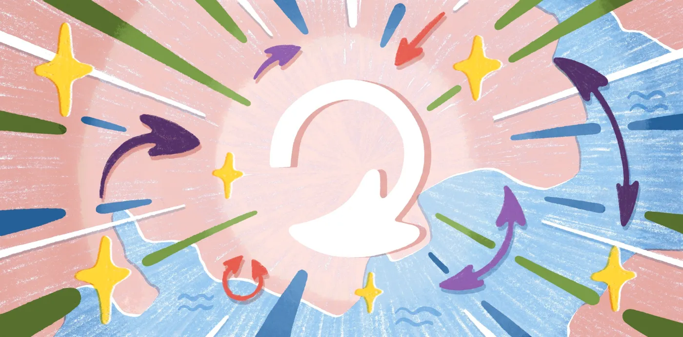 An illustration of a white curved mouse cursor surrounded by rotating arrows and sparkles
