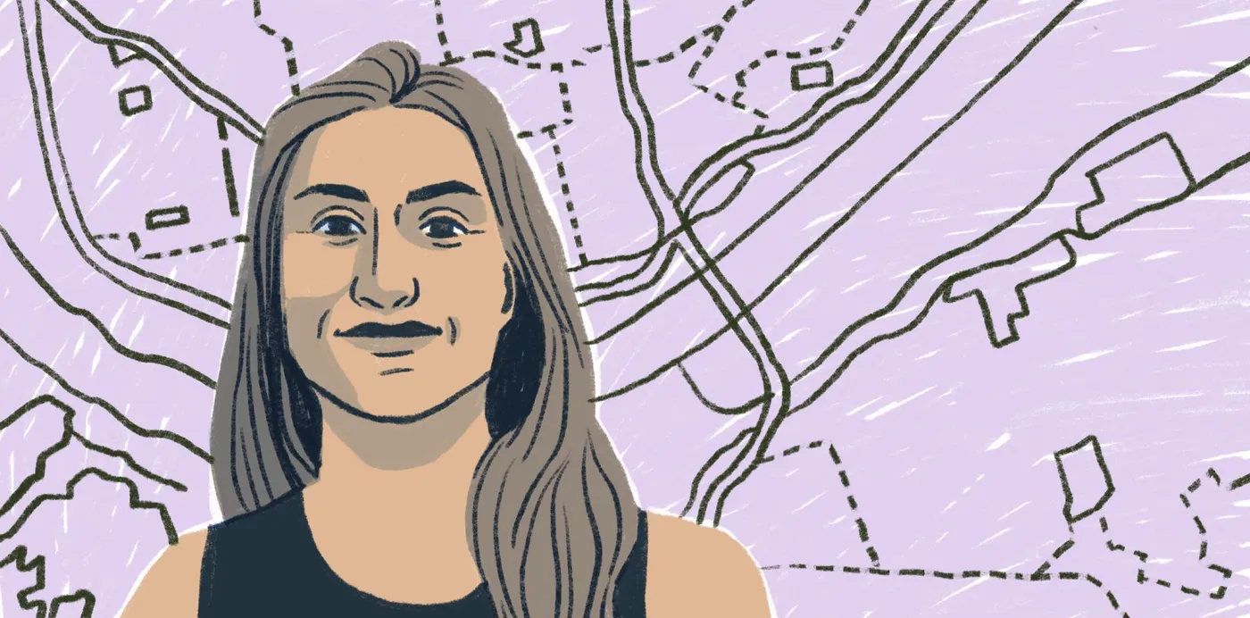 An illustrated portrait of cartographer Rosemary Wardley in front of a hand-drawn topographic map