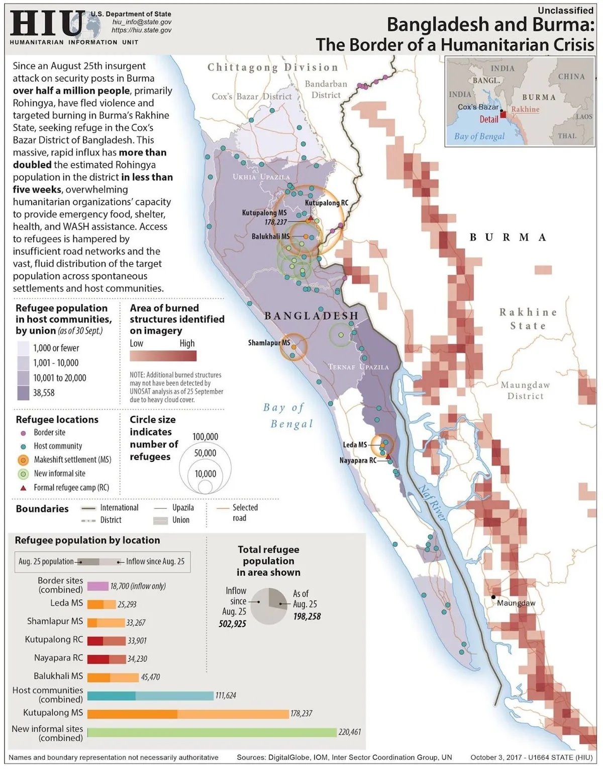 A State Department map of the Bangladesh and Burma border showing Rohingya refugee sites and burned areas in Rakhine State