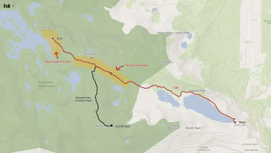 A Felt map of a hike from Echo Lake into Desolation Wilderness with a single route, times and a few callouts