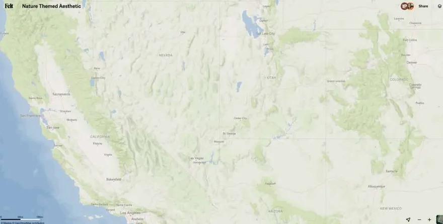A Felt map of the western United States with a nature-themed terrain and forest layer combination over the basemap