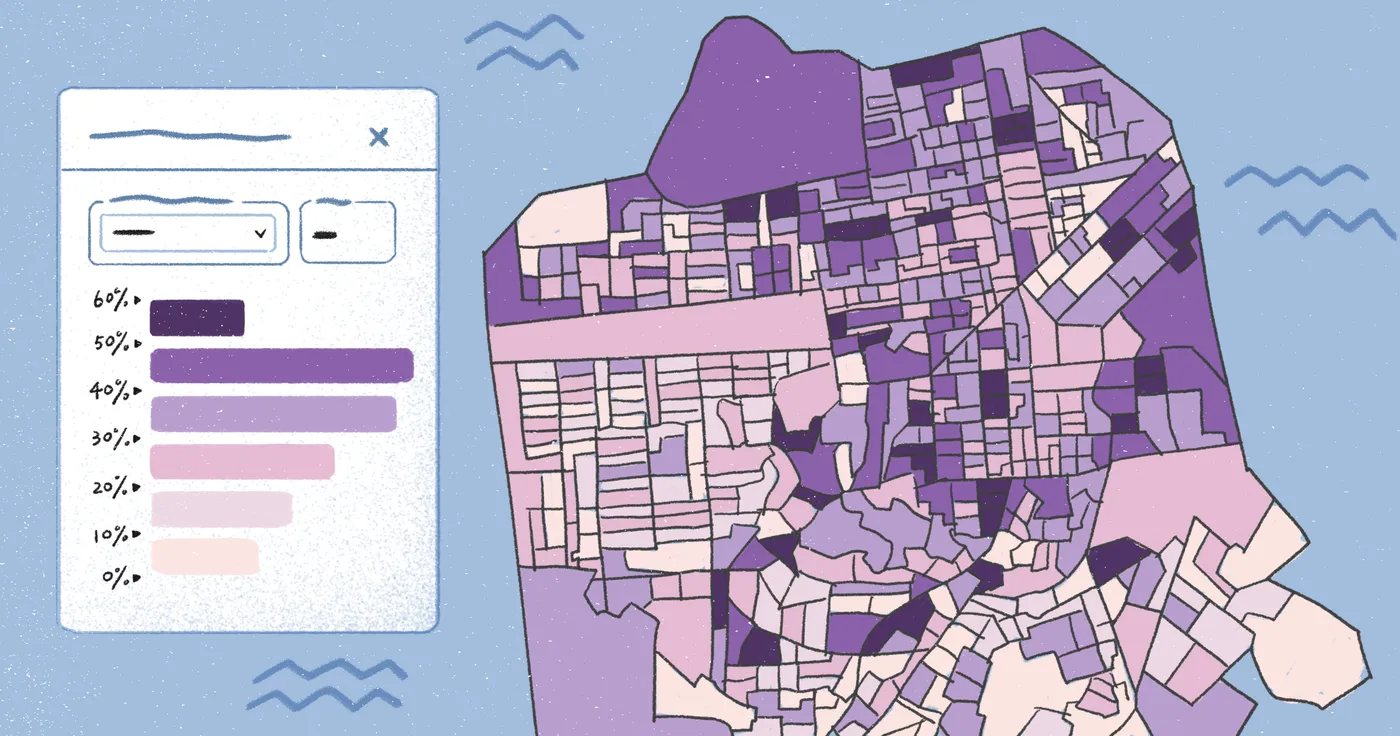 An illustration of a city choropleth map in shades of purple beside a legend panel with 0 to 60 percent classes