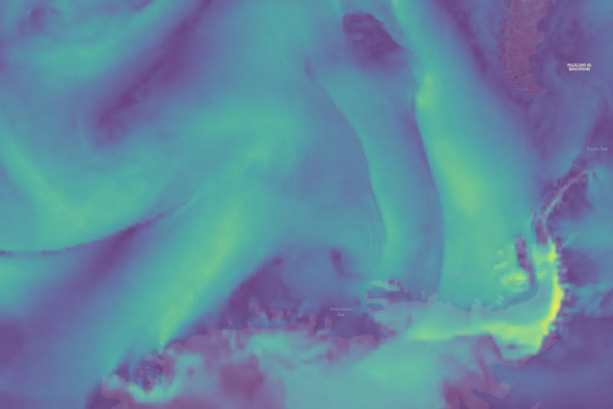 A Felt wind gust map of swirling eddies over the ocean near the Antarctic Peninsula and Amundsen Sea