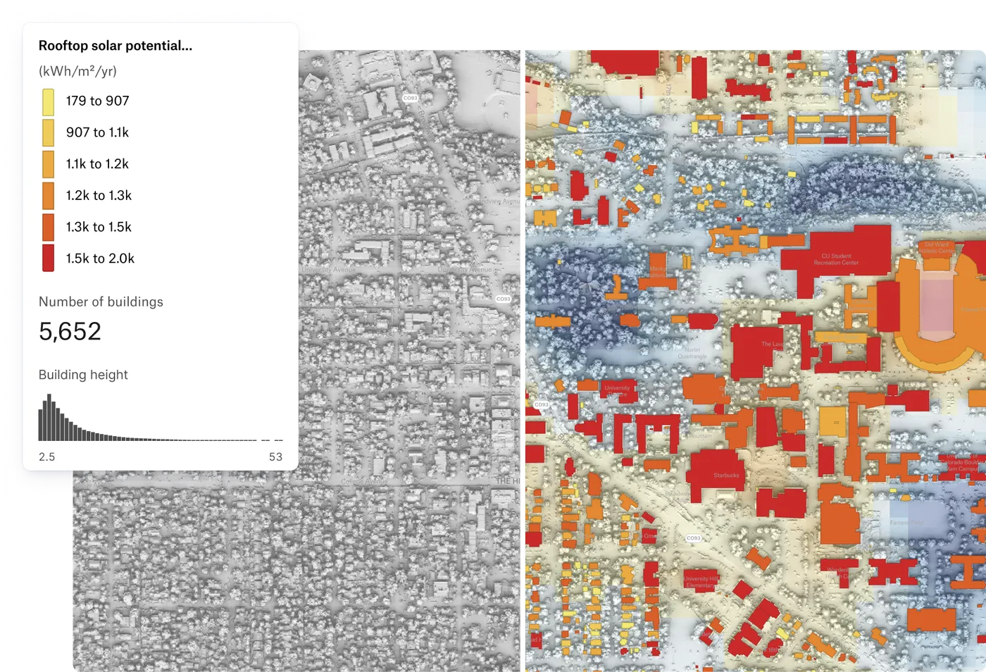 A Felt map comparing a grayscale raster with buildings colored by sampled rooftop solar potential, beside a legend and histogram