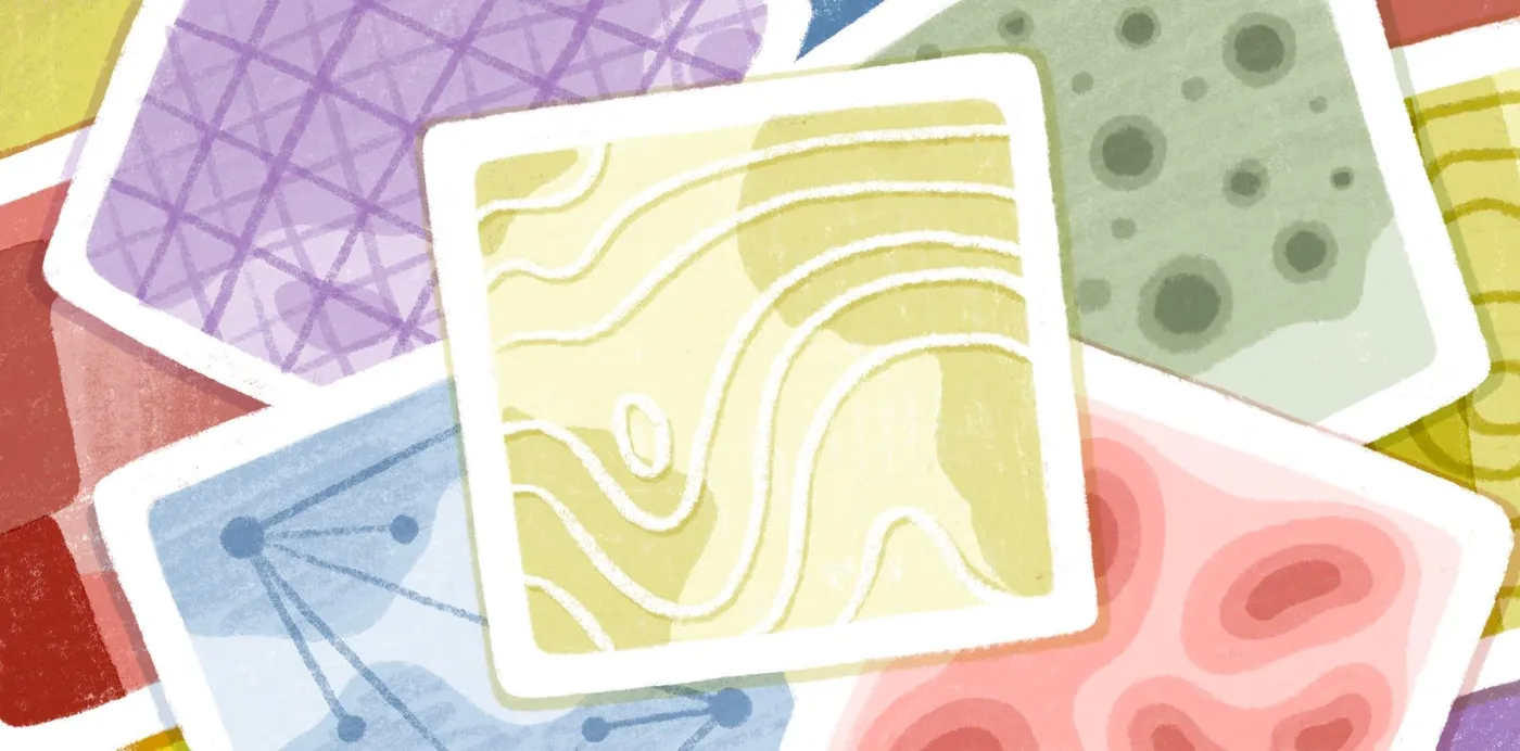 An illustration of overlapping map tiles in purple, yellow, green, blue and red showing contours, a grid, dots and a network
