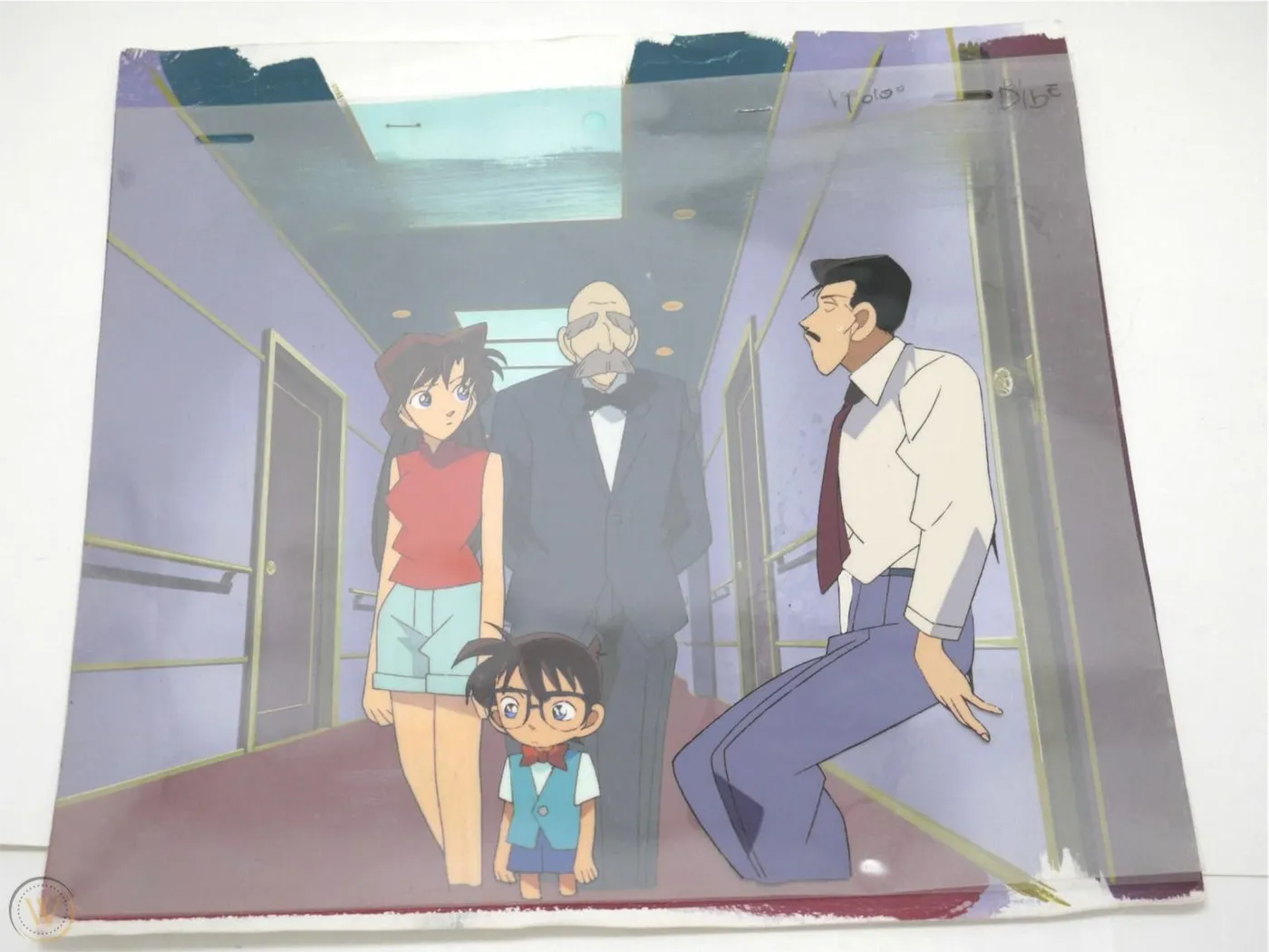 A hand-painted animation cel of cartoon characters in a hallway, laid over a separate background