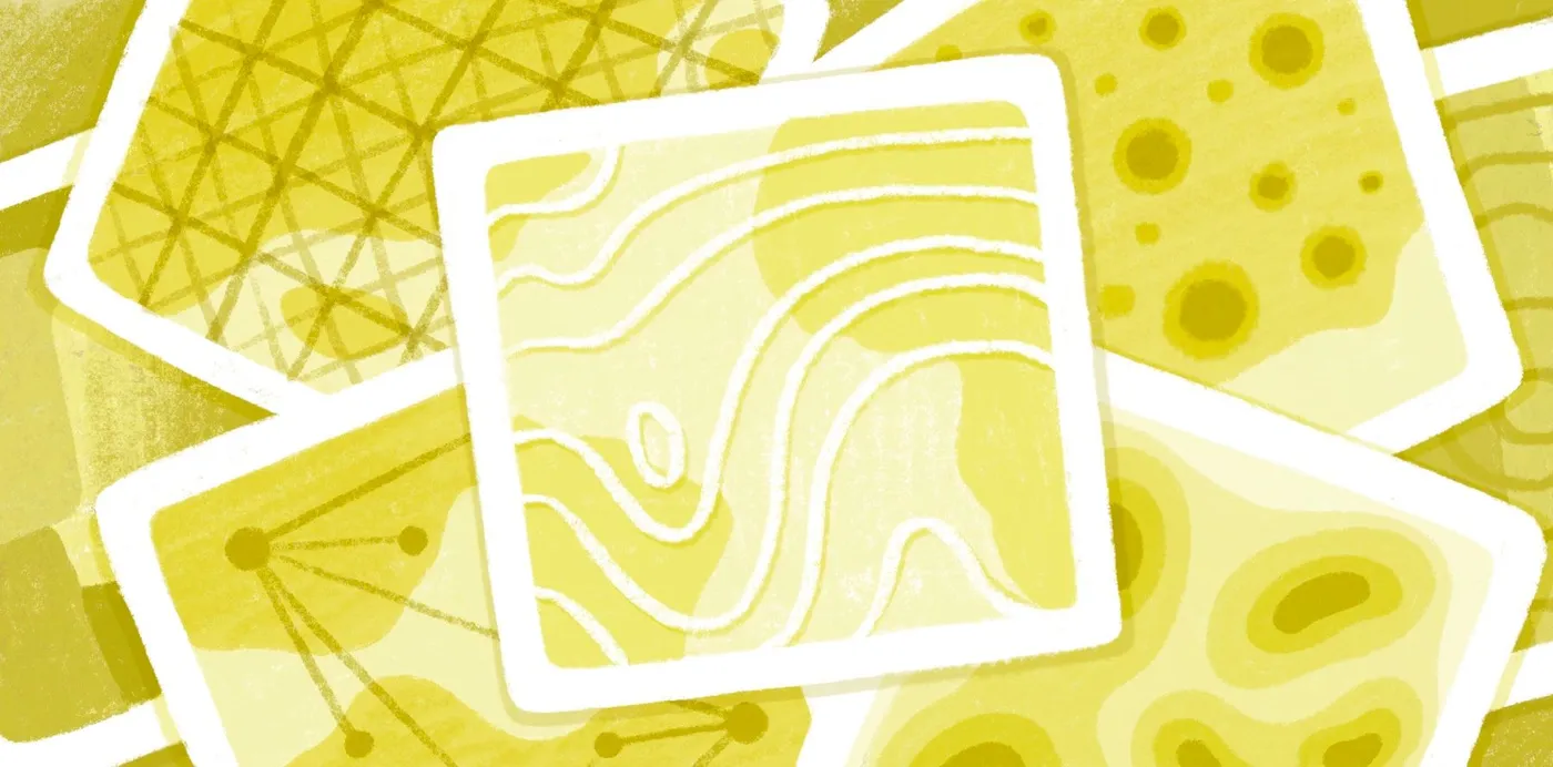 An illustration of overlapping yellow map tiles showing contour lines, a grid, scattered dots and a node network