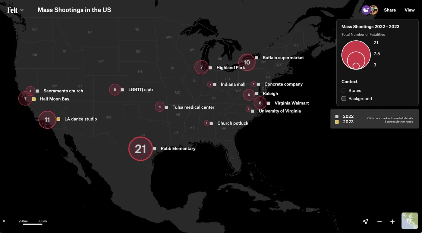 A Felt map of US mass shootings in 2022 and 2023 on a dark basemap, with red circles sized by fatalities