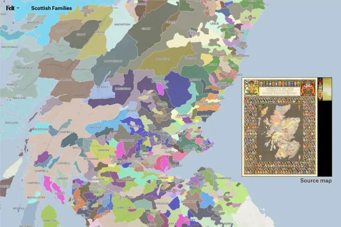A Felt map of Scotland colored by the territories of Scottish families, with the historical source map inset