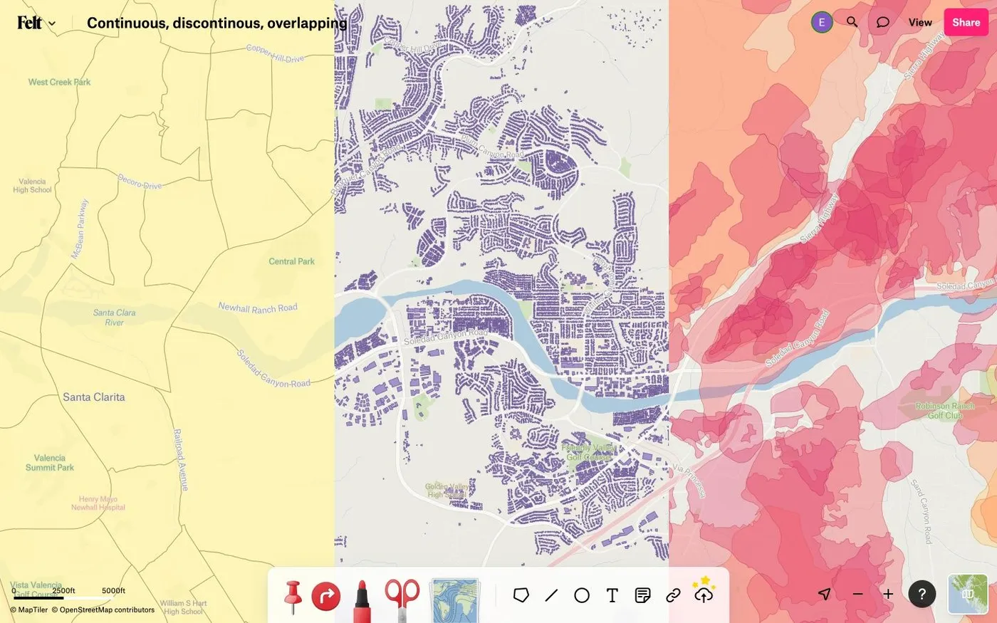 A Felt map near Santa Clarita comparing continuous boundary polygons, discontinuous building footprints and overlapping areas