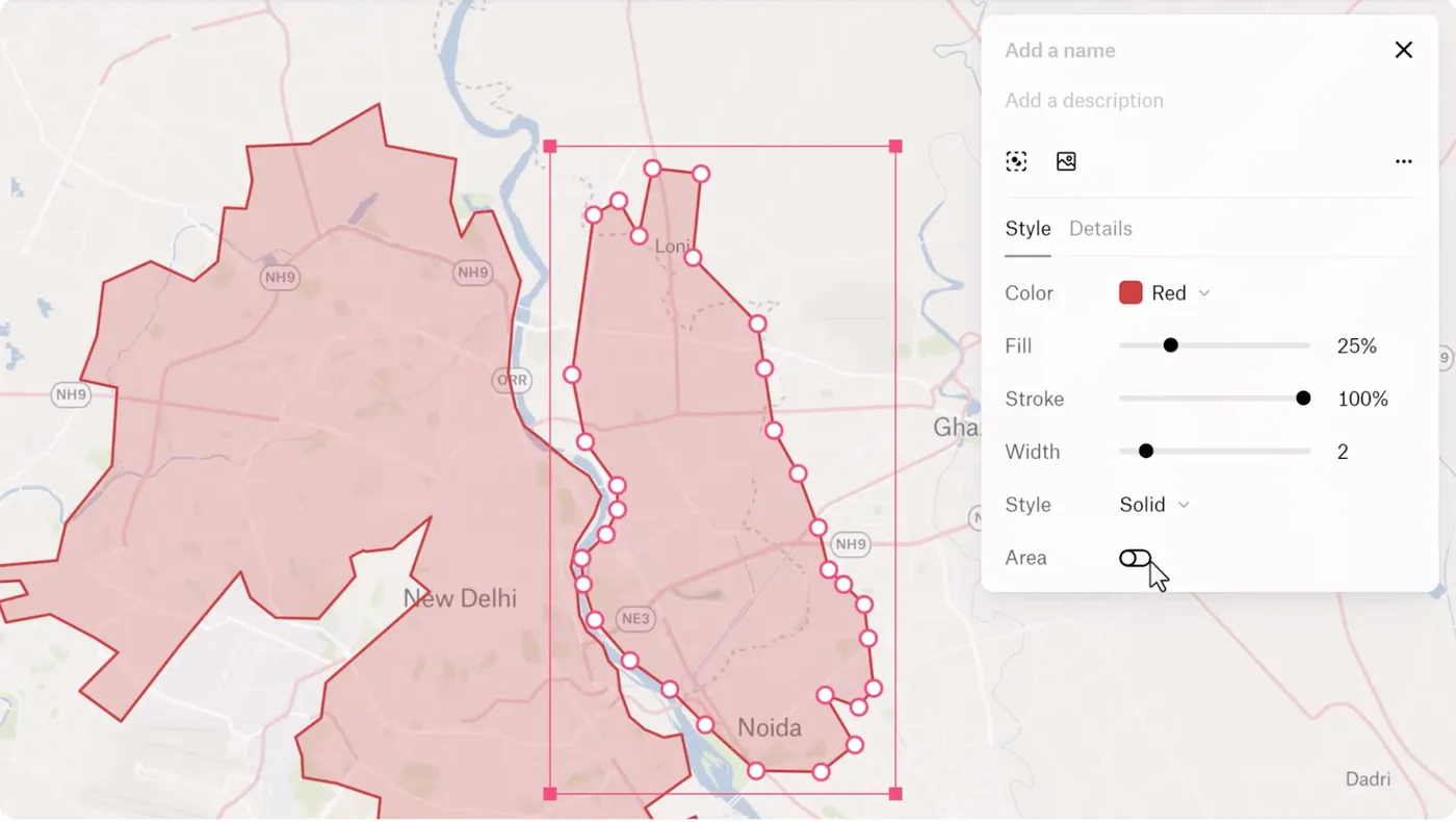 Screenshot from Felt’s Youtube video, “Getting Started with Felt 2/6 - Draw Data and Annotate the Map,” showing the Polygon Tool around New Delhi, India.
