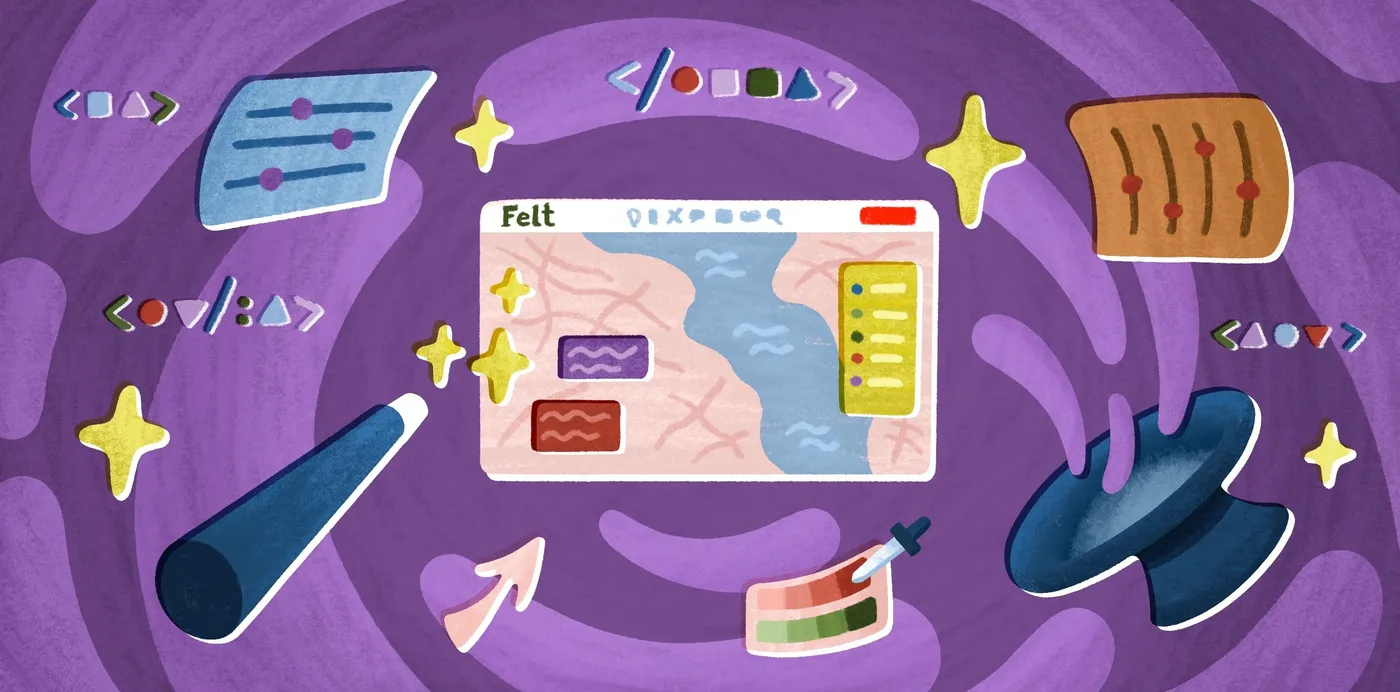 An illustration of a Felt map window surrounded by code tags, style sliders, a color picker, a magic wand and a top hat