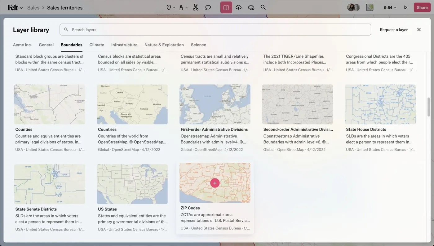 The Felt layer library open on the Boundaries tab, showing counties, states, districts and ZIP code layers