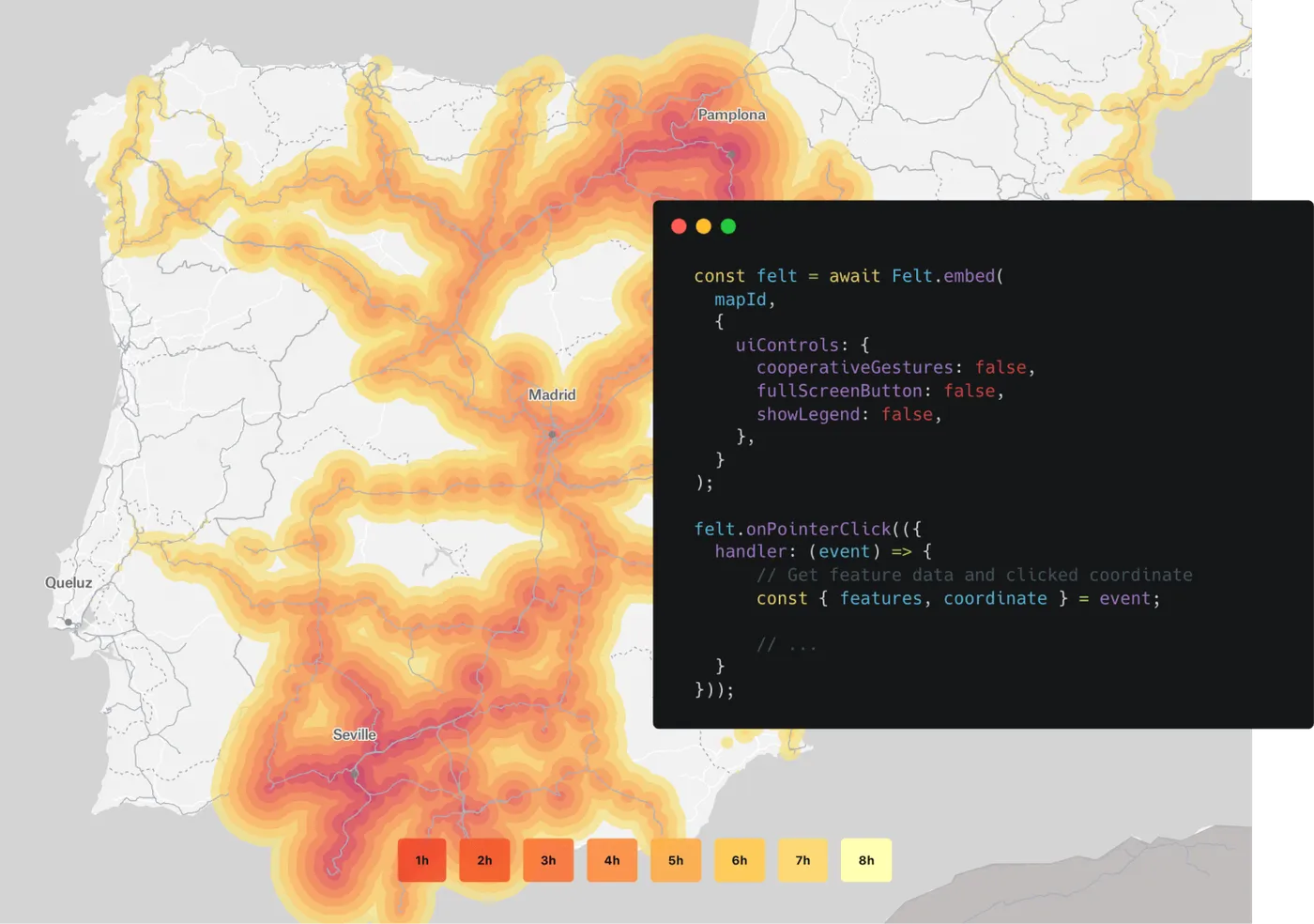 Heatmap-style travel time map across Spain (showing 1–8 hour ranges from major cities like Madrid, Pamplona, and Seville) with a code snippet overlay demonstrating how to embed a Felt map using its JavaScript API.