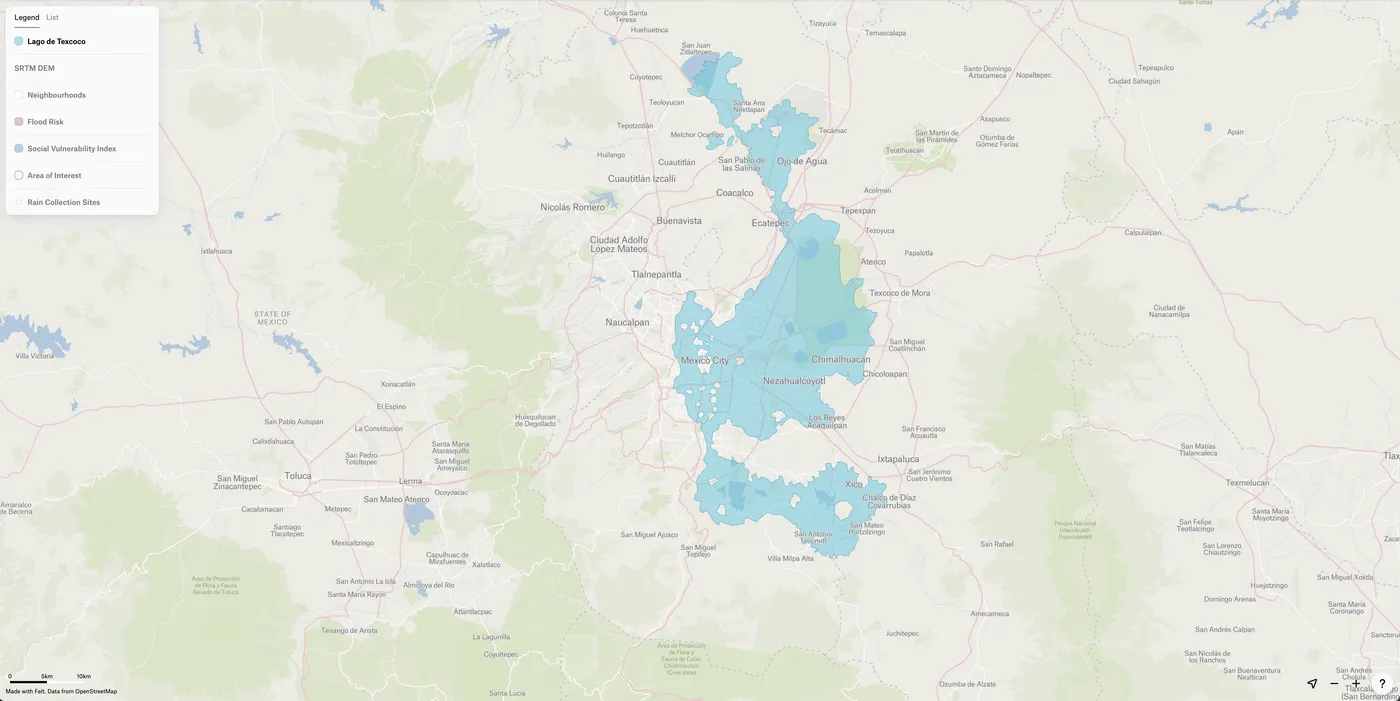 A Felt map of the Mexico City region with the historic extent of Lake Texcoco shaded in blue