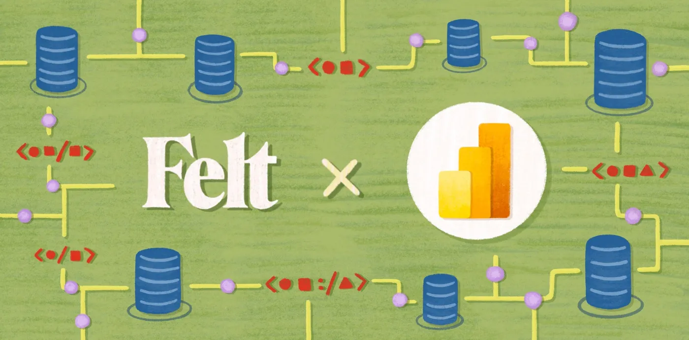 The Felt and Power BI logos side by side, surrounded by illustrated databases linked by data lines